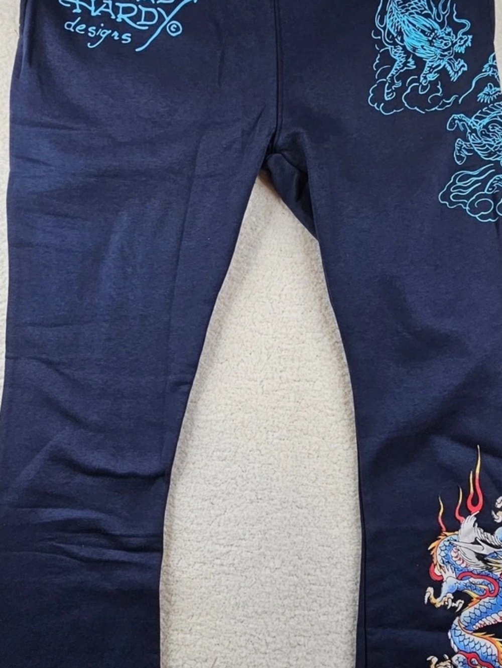 Ed Hardy Navy Joggers with Aqua and Multicolor Dragon Accents